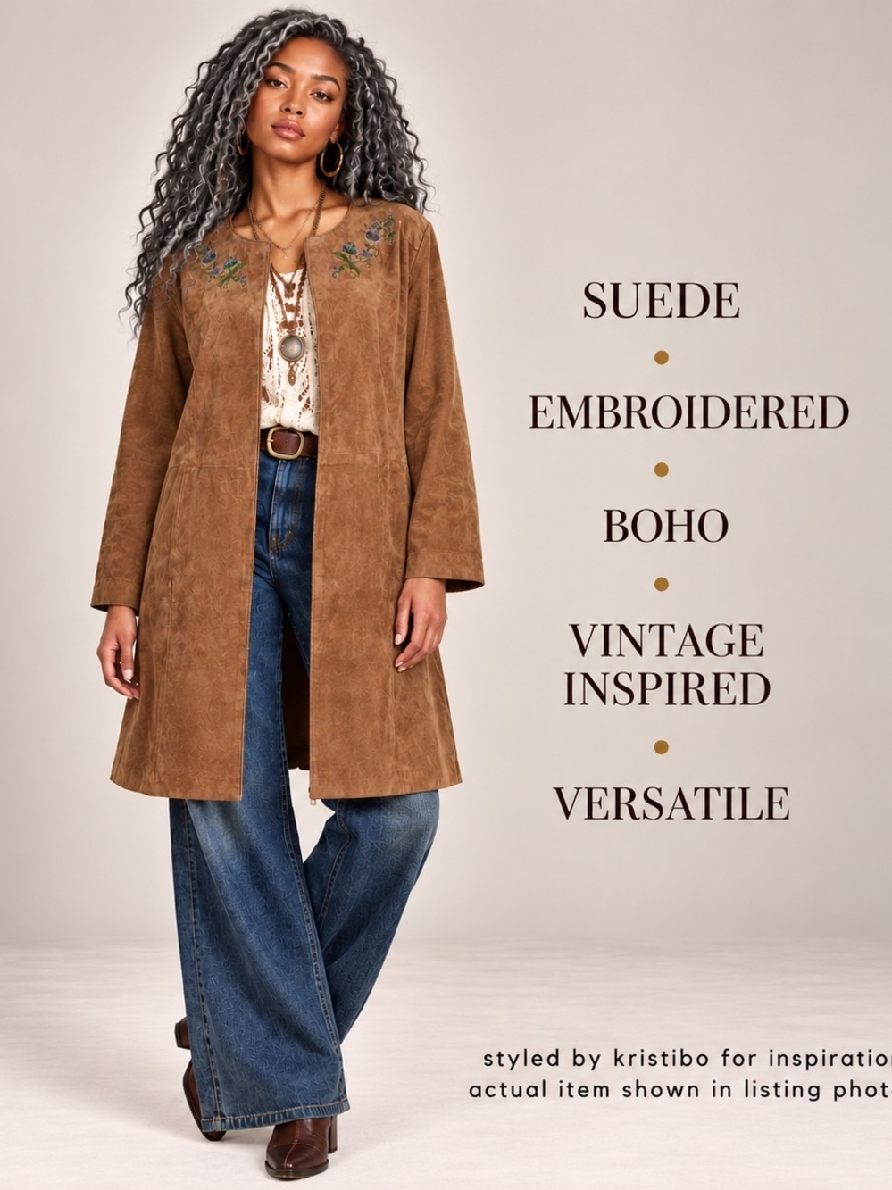 Brown Suede Coat With Embroidered Accent